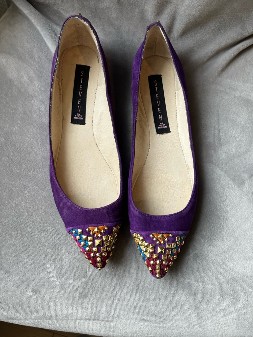 Steve Madden Purple Suede Pointed Flats with Multicolor Studs